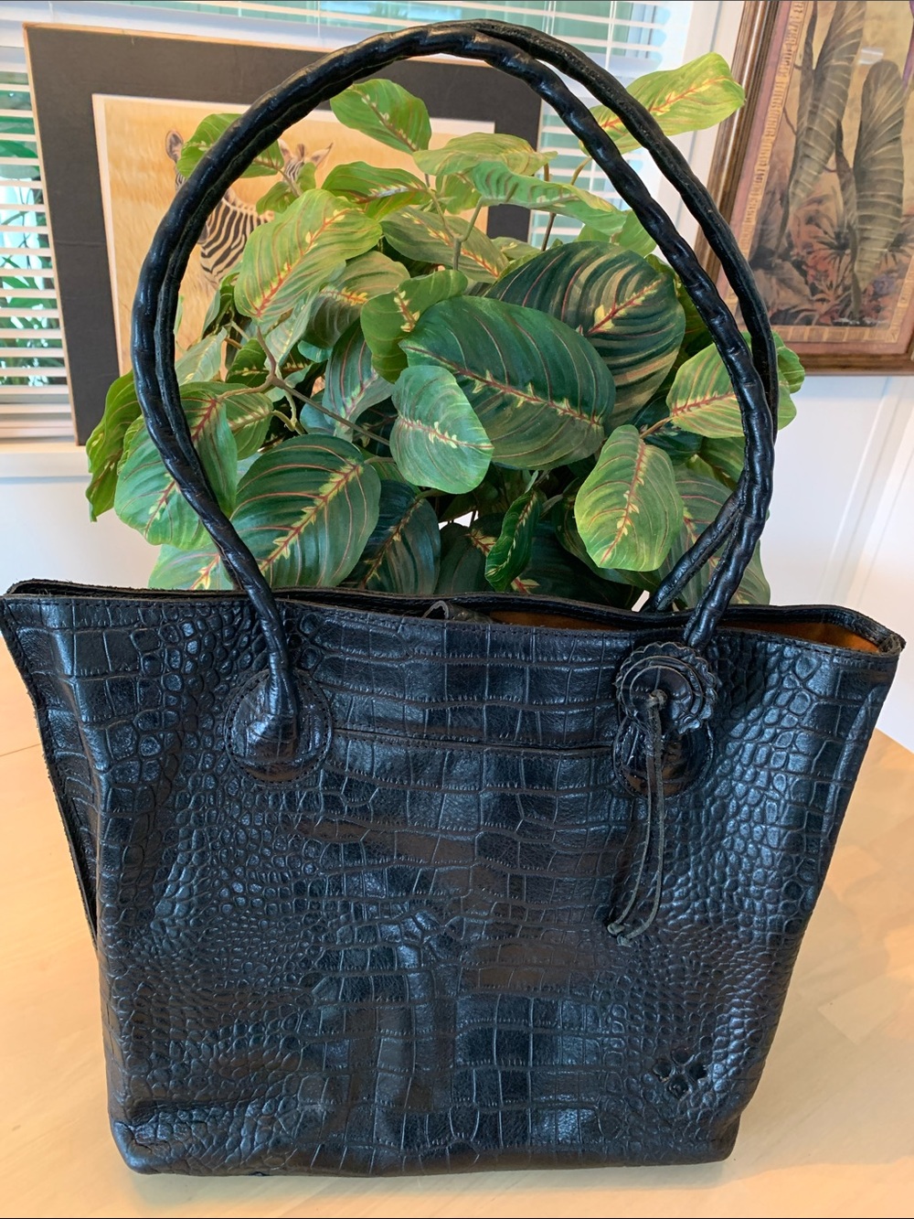 Patricia Nash Black Croc-Embossed Tote/Shopper Bag 12”wide x 11” H